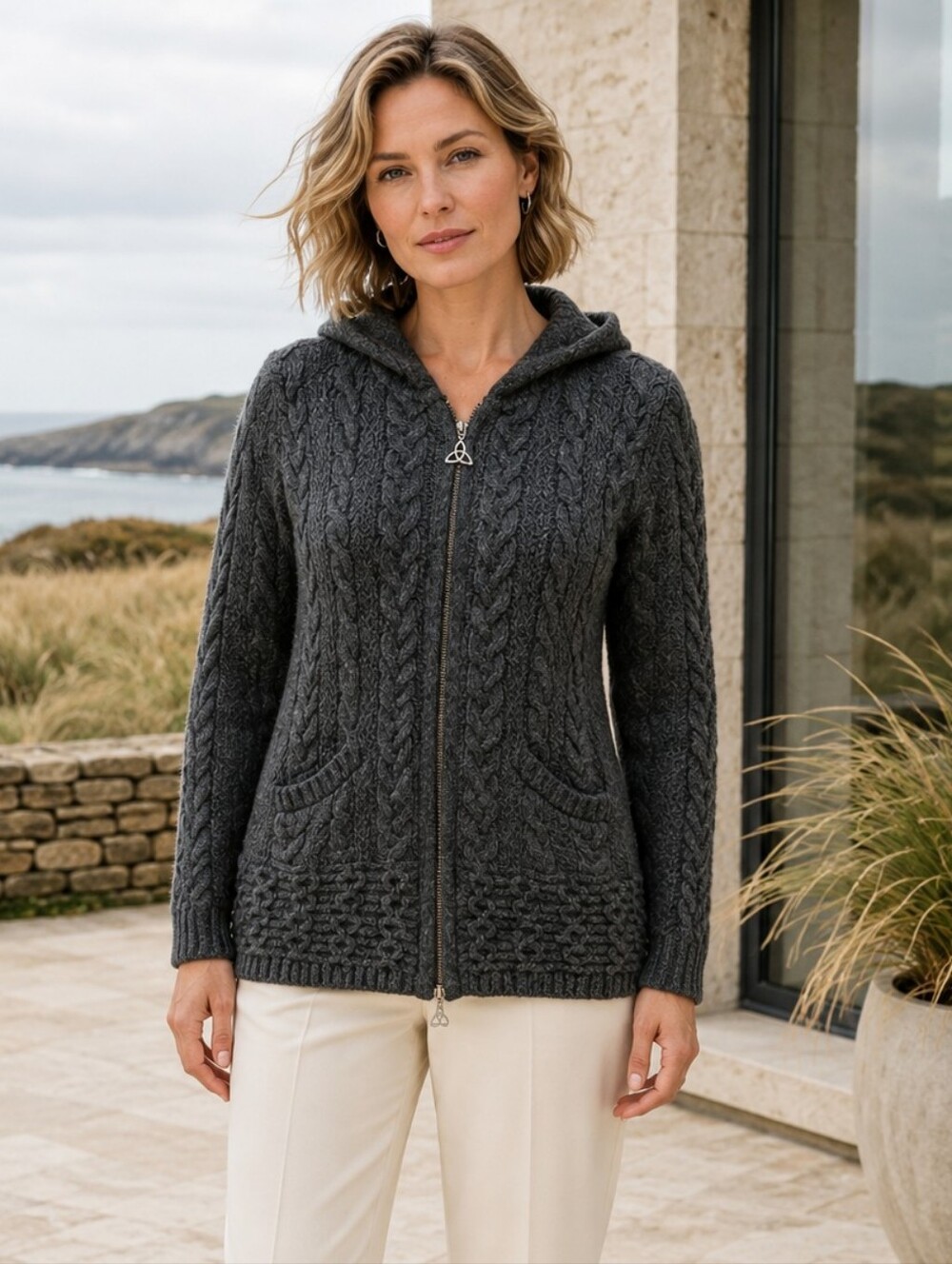 Inis Crafts 100% Merino Wool Irish Aran Cable Knit Hooded Cardigan S